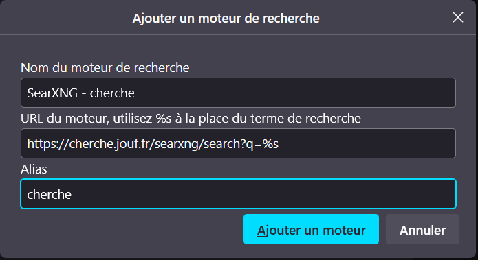 Ajout d'un moteur de recherche et de son raccourci Ajout d'un moteur de recherche et de son raccourci