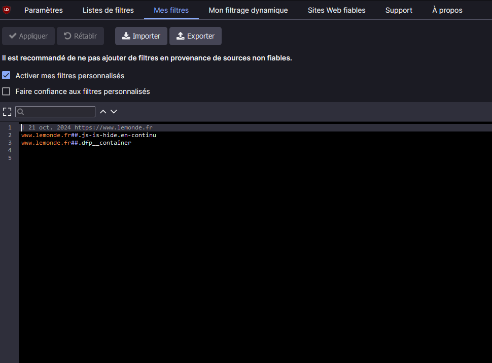 Listes des filtres persos dans uBlock Origin Listes des filtres persos dans uBlock Origin