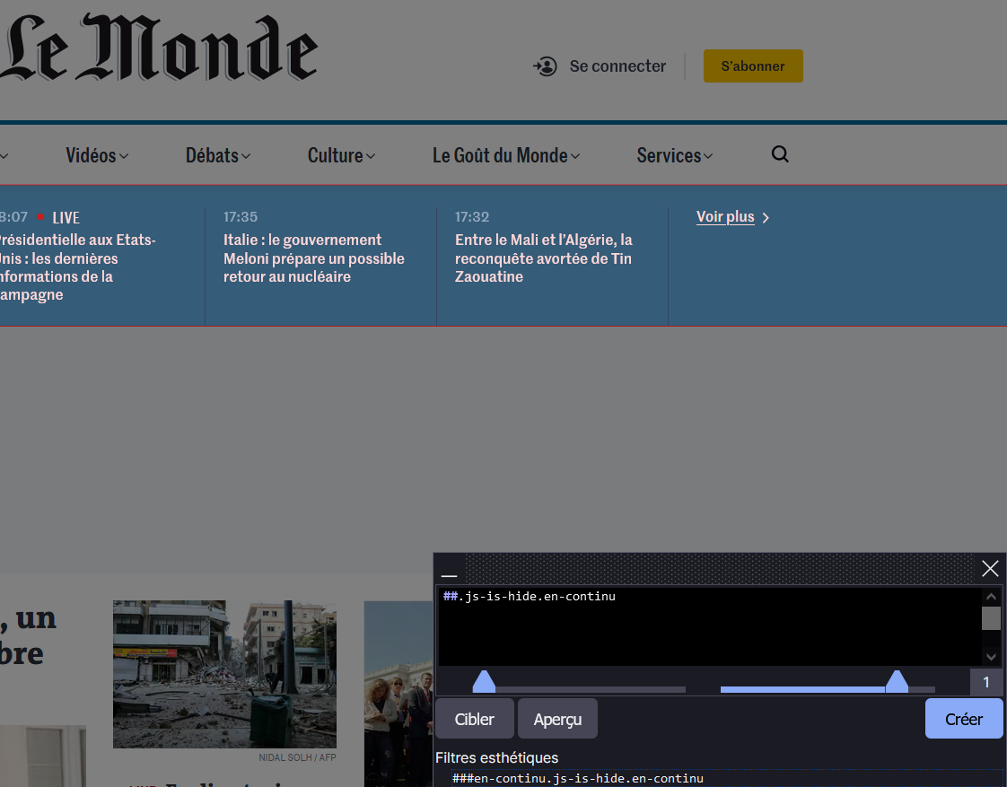 Sélection de la zone à supprimer avec uBlock Origin Sélection de la zone à supprimer avec uBlock Origin