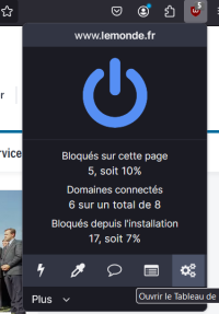 Accueil de uBlock Origin et icône pour aller sur le tableau de bord Accueil de uBlock Origin et icône pour aller sur le tableau de bord